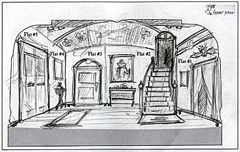 Эскиз декораций к спектаклю карандашом