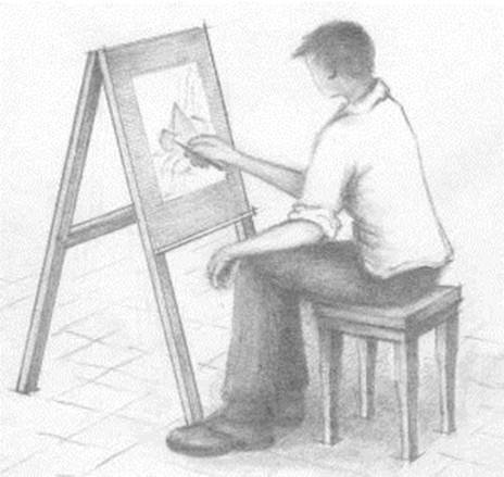 Человек сидит за мольбертом