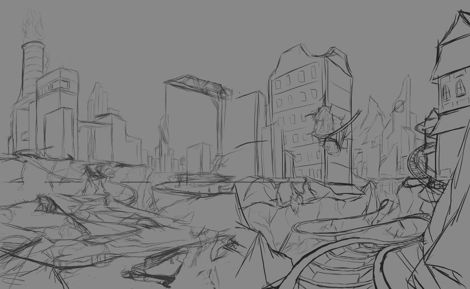 Нарисованный разрушенный город