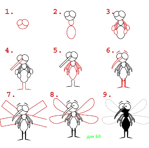 Комар поэтапное рисование