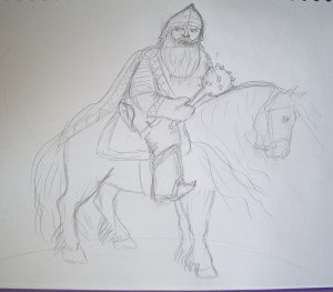Богатырь на коне карандашом