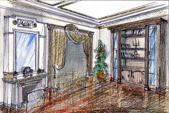 Эскиз комнаты в стиле классицизм