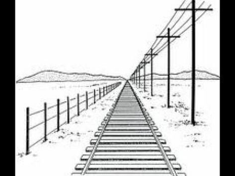 Линейная перспектива (дорога, столбы, дома), карандаш