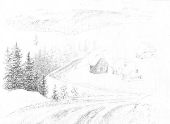 Зимний пейзаж цветными карандашами