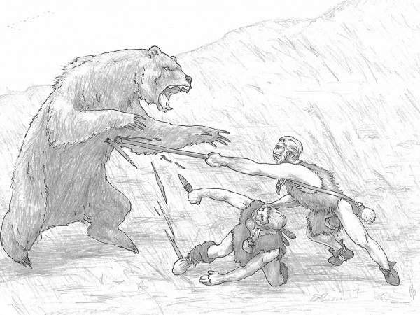 Первобытные люди сражаются с медведем