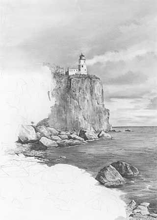 Скалы простым карандашом в море