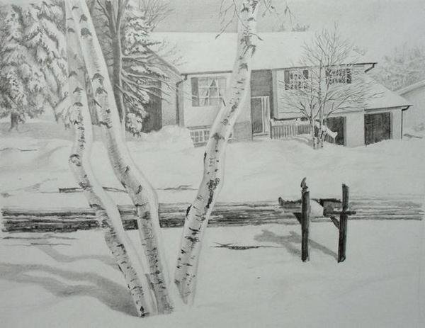 Пейзаж зимы карандашом