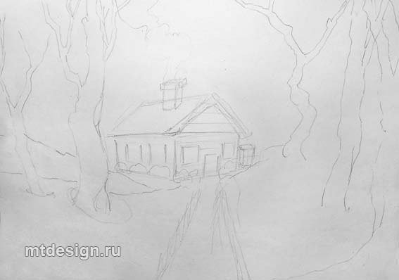 Деревня в лесу рисунок карандашом
