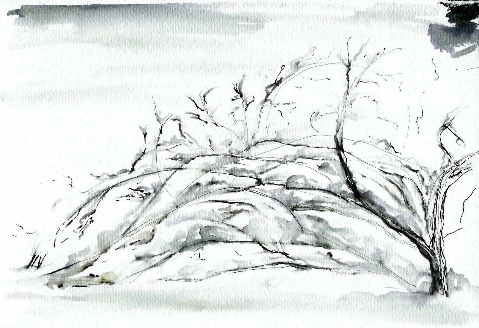 Дерево в снегу карандашом