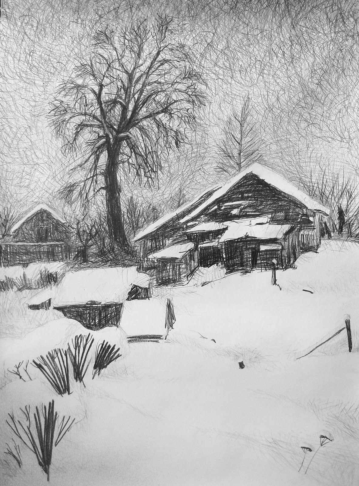 Деревня зимой карандашом
