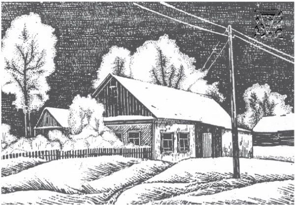 Зимний сельский пейзаж карандашом