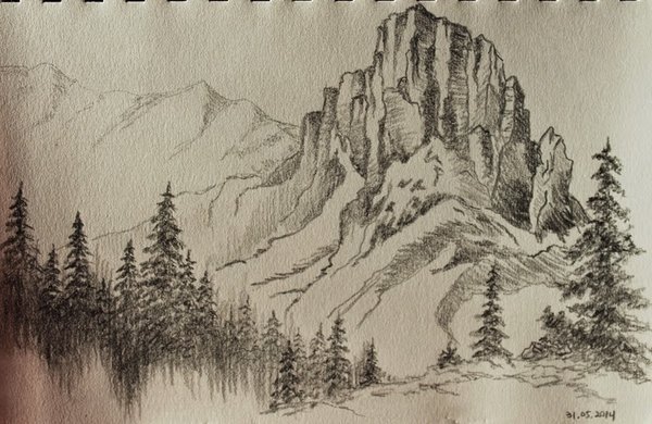 Горы и лес карандашом