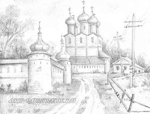 Пейзаж с Церковью карандашом