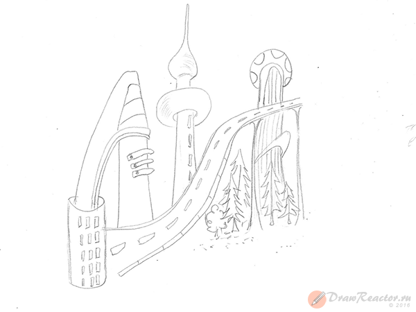 Эскиз города будущего карандашом