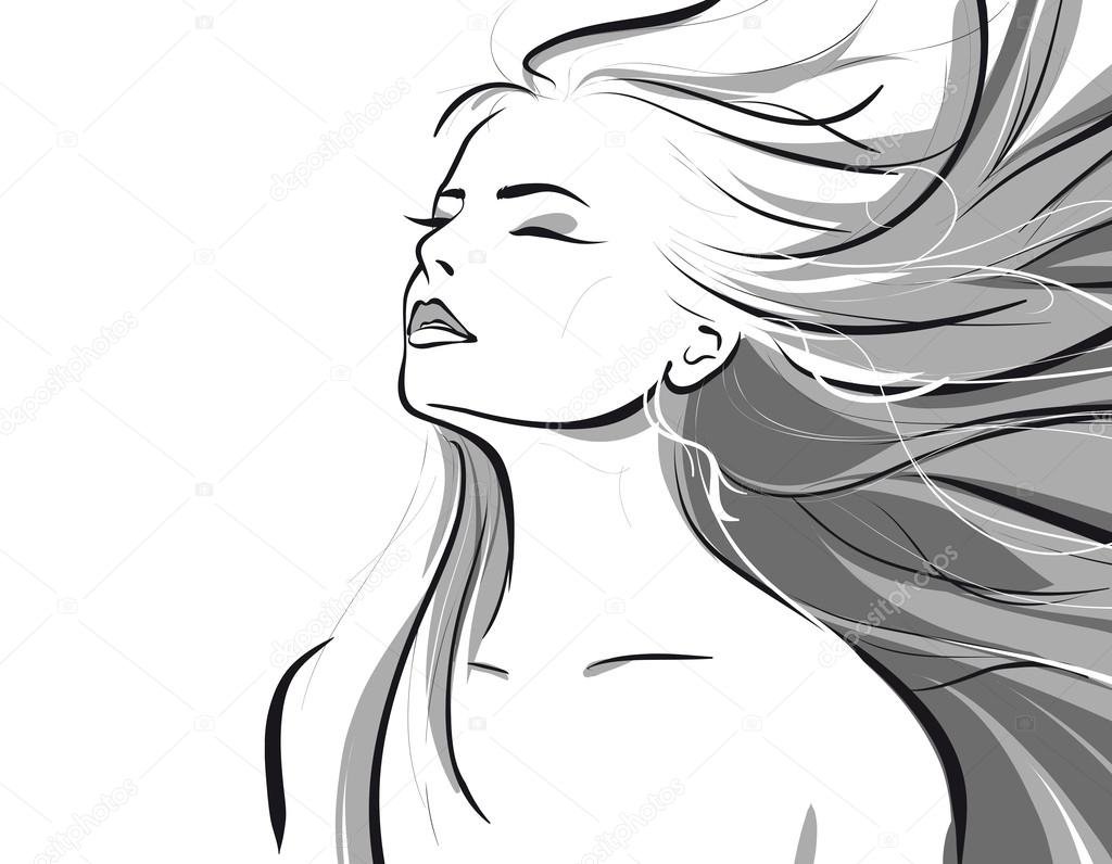 Рисунок девушки в профиль с распущенными волосами
