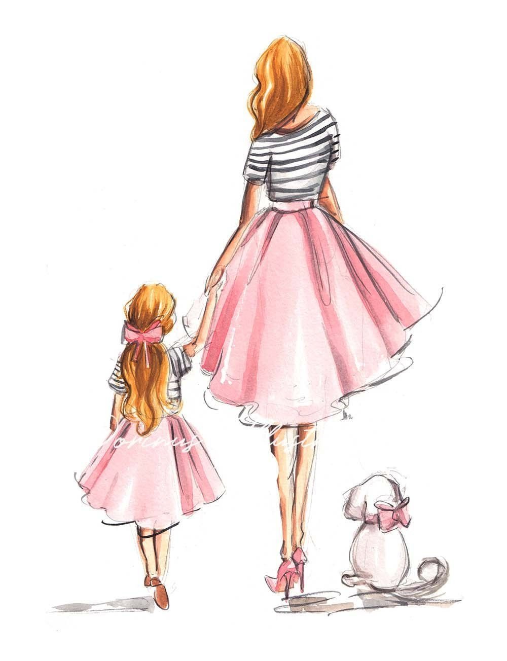 Модные иллюстрации мама и дочь