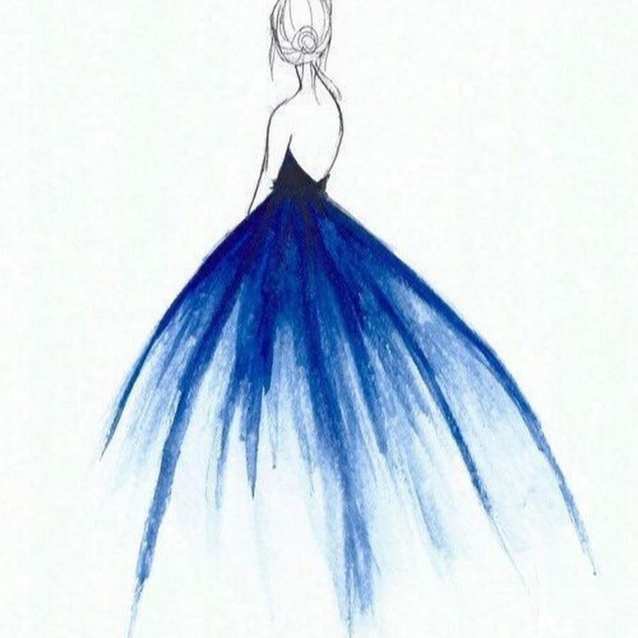 Рисунок девочки в голубом платье со спины на торт