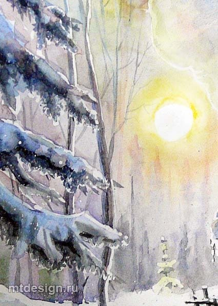 Зимний пейзаж акварелью для детей