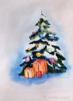 Рисование елочки акварелью