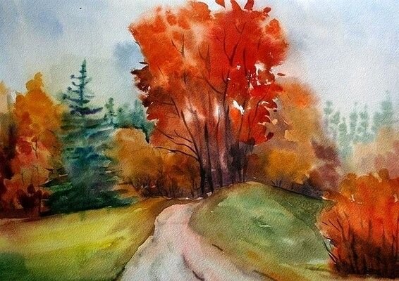 Осенний пейзаж акварелью для детей
