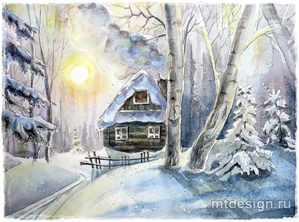 Зима акварельными карандашами