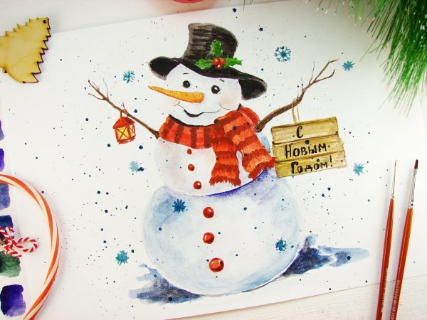 Снеговик акварелью для детей