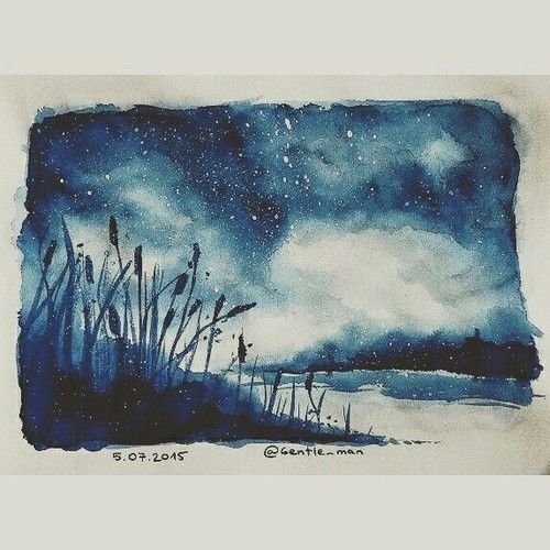 Ночной пейзаж акварелью