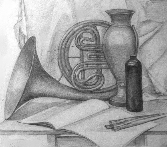 Натюрморт с музыкальными инструментами рисунок