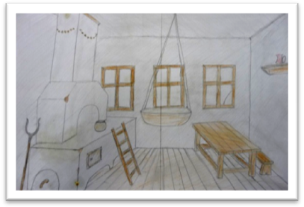 Интерьер русской избы карандашом