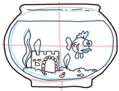 Поэтапное рисование аквариума с рыбками