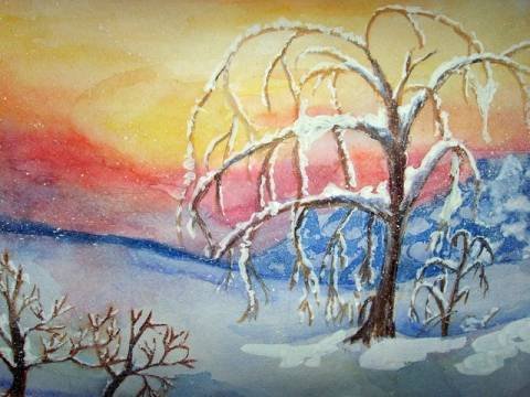 Восковые мелки и акварель зимний пейзаж
