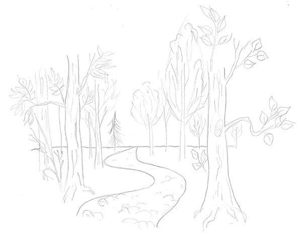 Лес рисунок карандашом для начинающих