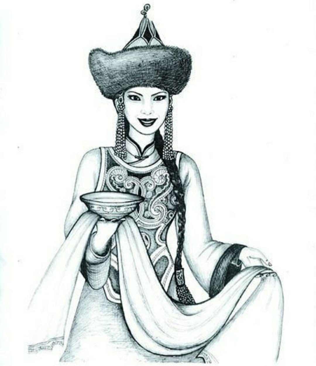 Бурятская девушка в национальном костюме рисунок