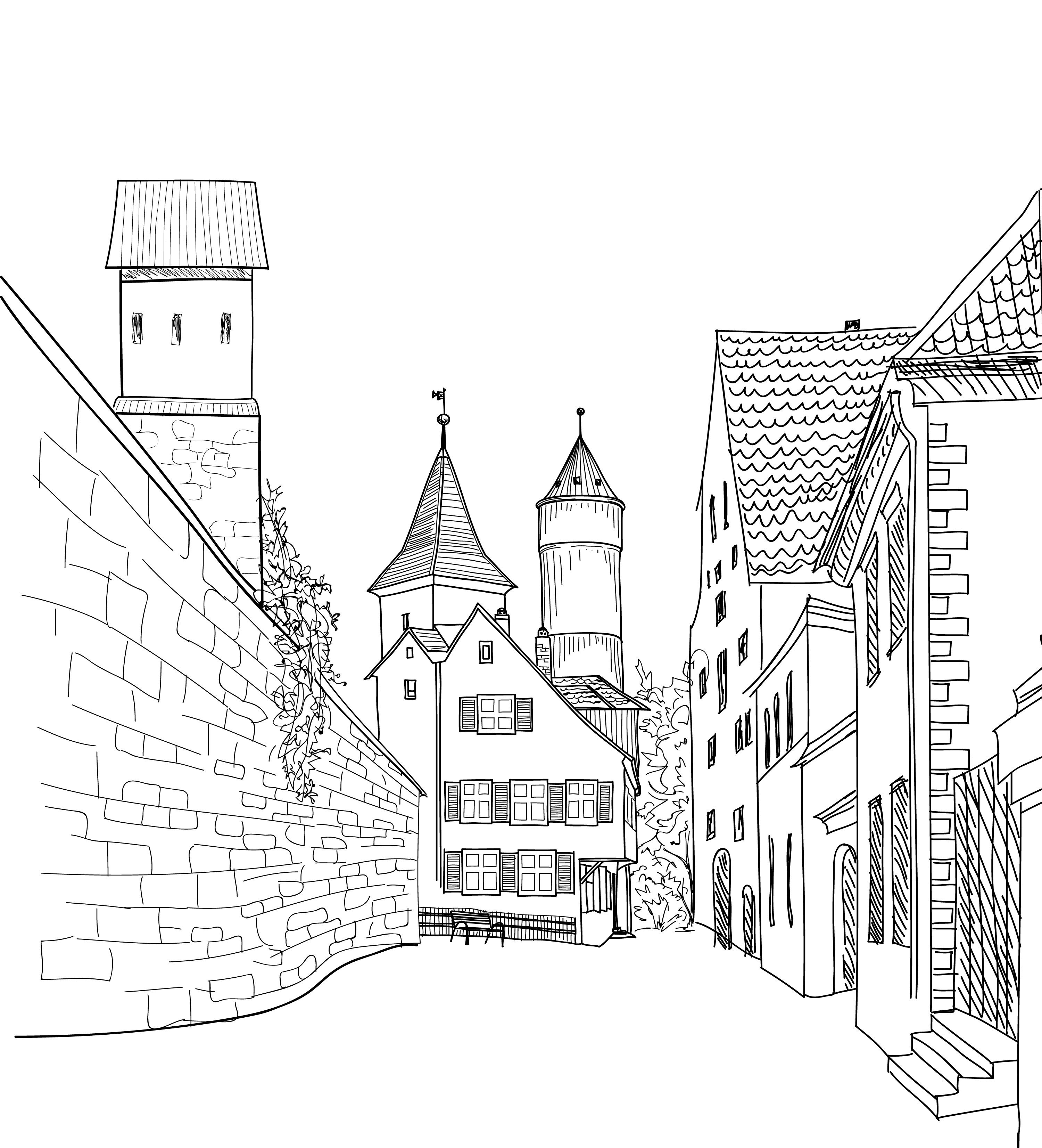 Улица средневекового города карандашом