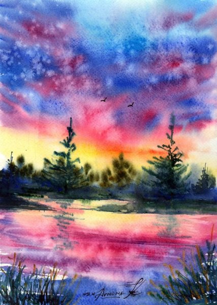 Пейзаж цветными карандашами