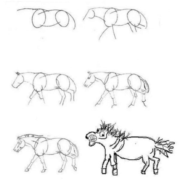 Поэтапное рисование лошади на дыбах