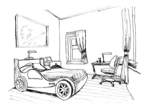 Рисунок детской комнаты в перспективе с мебелью