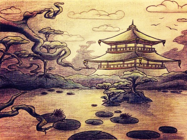 Храм Хорюдзи Япония срисовка