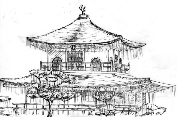 Храм Хигаси Хонгандзи Япония рисунок карандашом