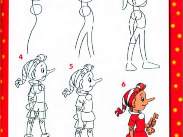 Схема рисования Буратино для дошкольников