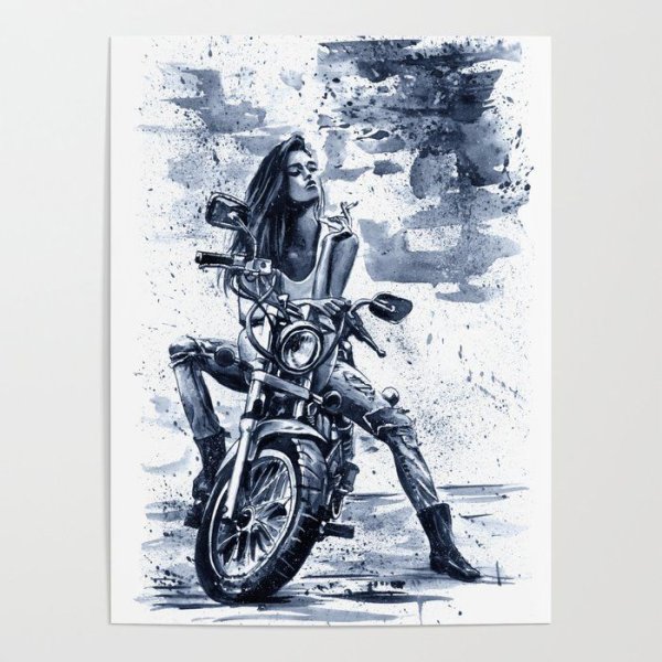 Девушка на мотоцикле акварель
