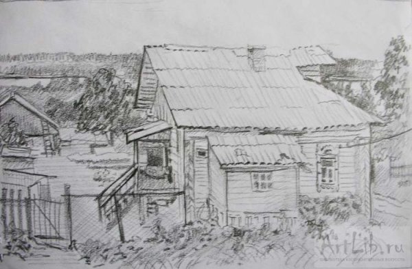 Деревенский пейзаж карандашом