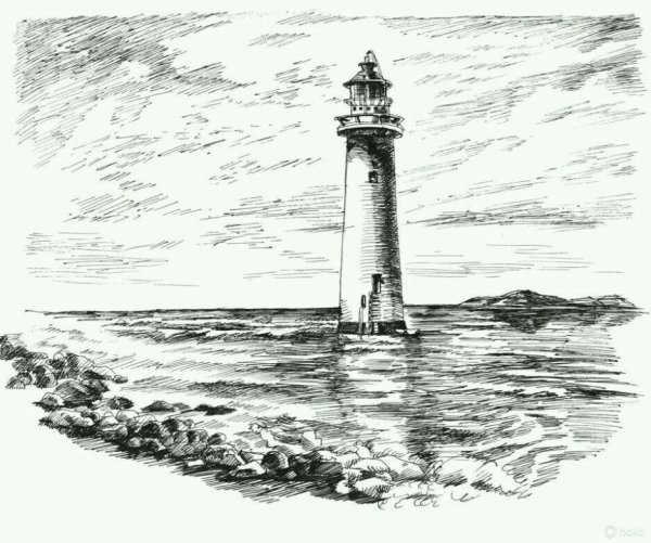 Маяк на море карандашом