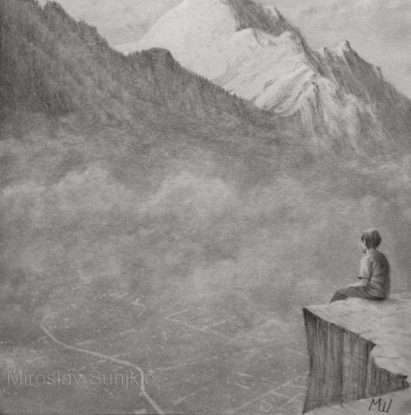 Пейзаж с человеком карандашом