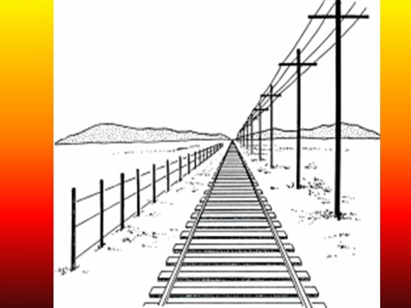 Линейная перспектива (дорога, столбы, дома), карандаш