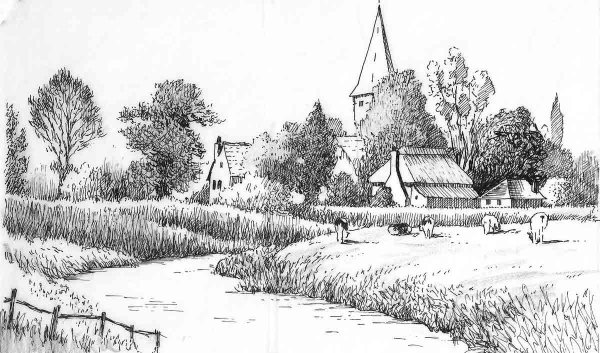 Деревенский пейзаж в графике