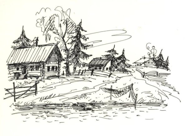 Деревня рисунок карандашом