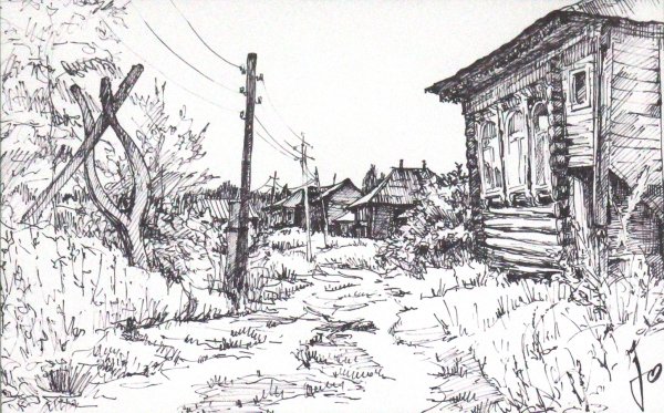 Деревенский домик карандашом