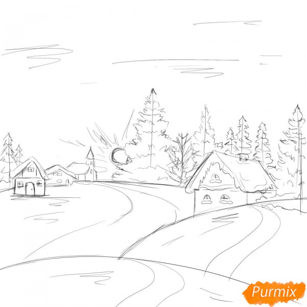 Зима в деревне рисунок карандашом