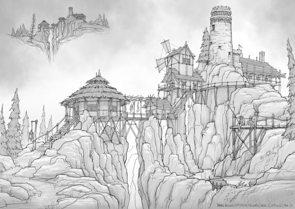 Фантастический пейзаж карандашом